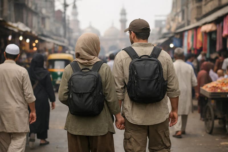 Casal caminhando junto em viagem com segurança casal caminhando junto em rua movimentada durante viagem internacional com segurança