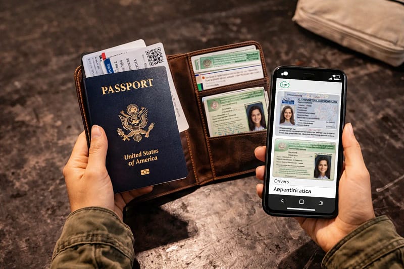 Backup de documentos em viagem passaporte e documentos organizados com cópias digitais para segurança