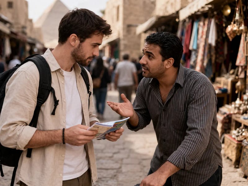 Golpes comuns com turistas em viagem internacional turista sendo abordado por desconhecido em possível golpe durante viagem