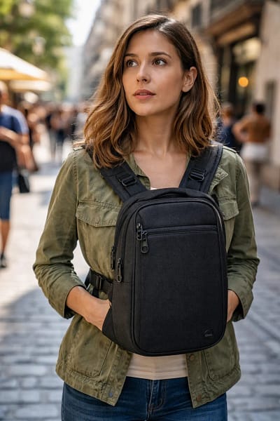Mochila na frente aumenta segurança mulher usando mochila na frente em transporte público para evitar furtos