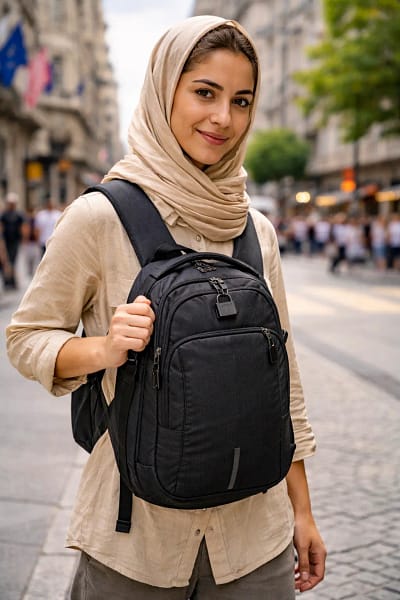 Prevenção contra furtos em viagem turista usando mochila na frente do corpo em local movimentado para evitar furtos