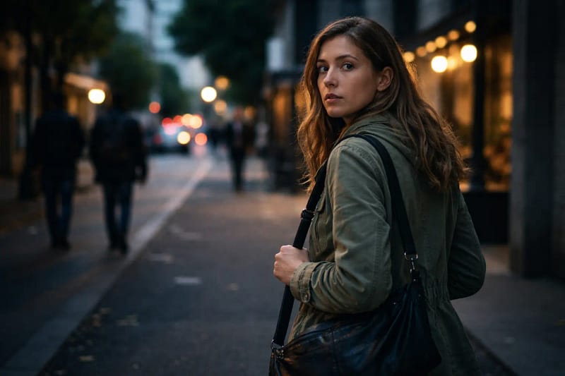 Postura firme ajuda na segurança em viagem mulher com expressão séria andando sozinha na rua como estratégia de segurança