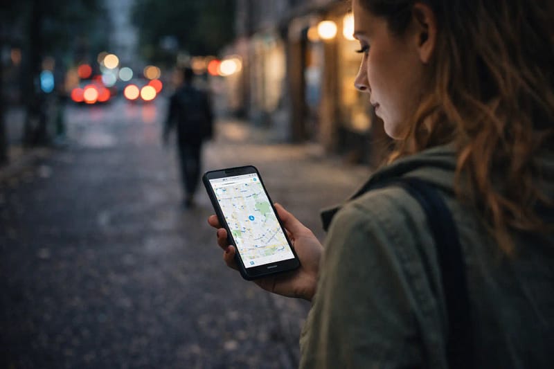 Internet ajuda na segurança em viagem mulher usando google maps no celular para se localizar durante viagem