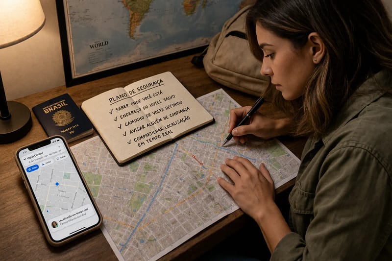 Planejamento aumenta segurança em viagem mulher analisando mapa e planejando rota antes de sair em viagem