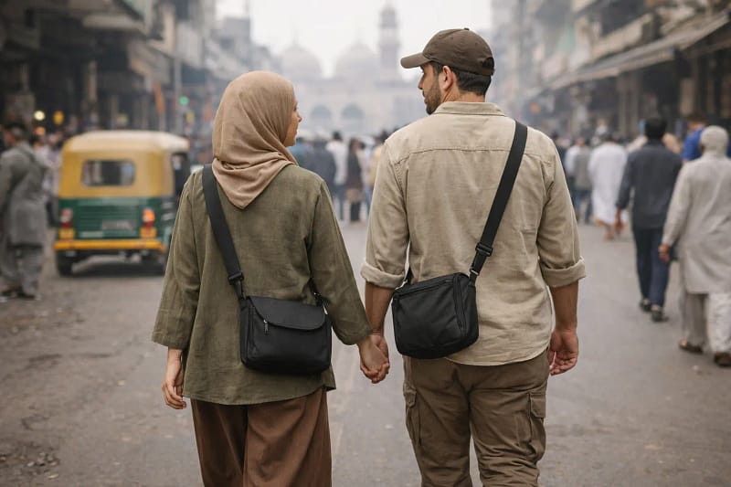 Roupas discretas em viagem internacional casal usando roupas discretas e neutras durante viagem internacional