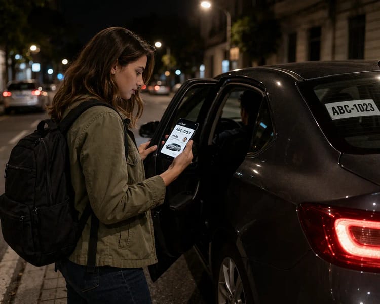 Transporte confiável em viagem mulher entrando em carro de aplicativo conferindo placa para segurança
