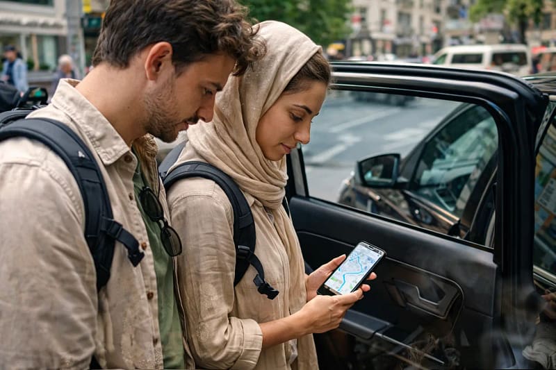 Transporte seguro em viagem internacional casal utilizando aplicativo de transporte durante viagem internacional com segurança