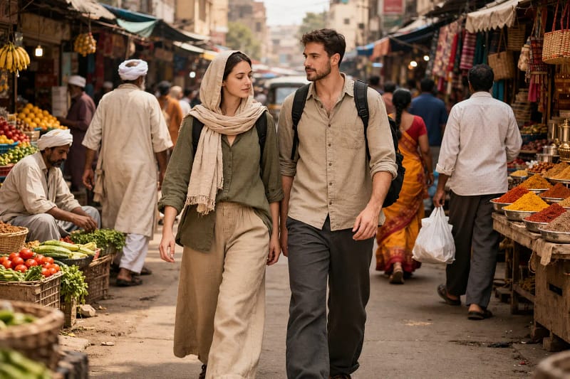 Turistas discretos em viagem internacional casal de turistas andando de forma discreta em ambiente urbano durante viagem