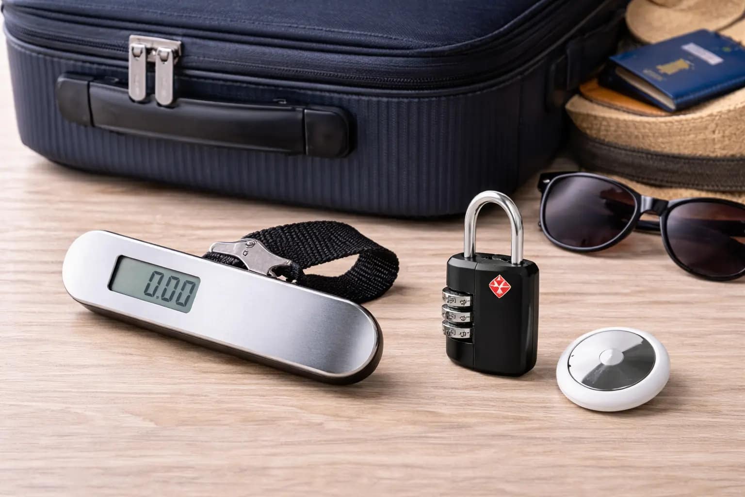 Dicas avançadas para mala de viagem Balança portátil, cadeado com senha e rastreador de bagagem ao lado de uma mala