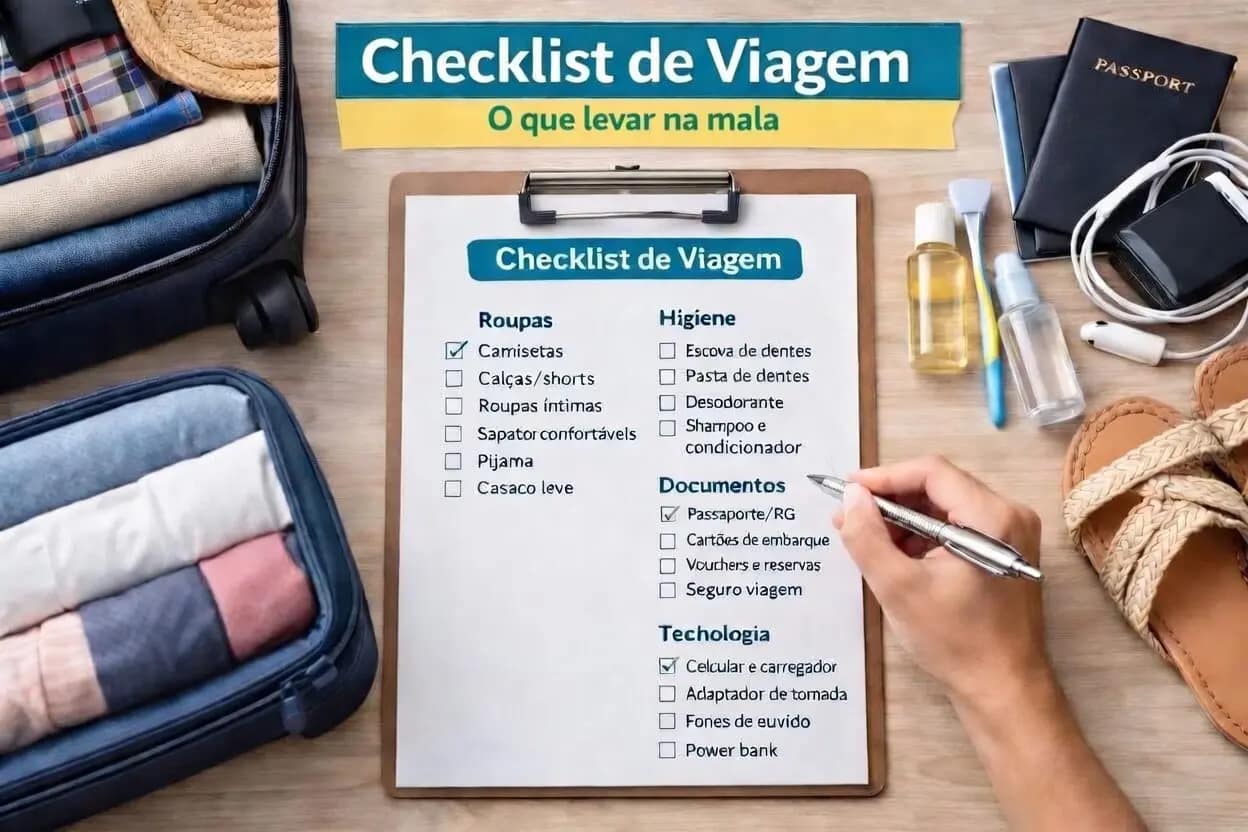 Checklist para arrumar mala de viagem Checklist de viagem ao lado de roupas separadas para arrumar a mala