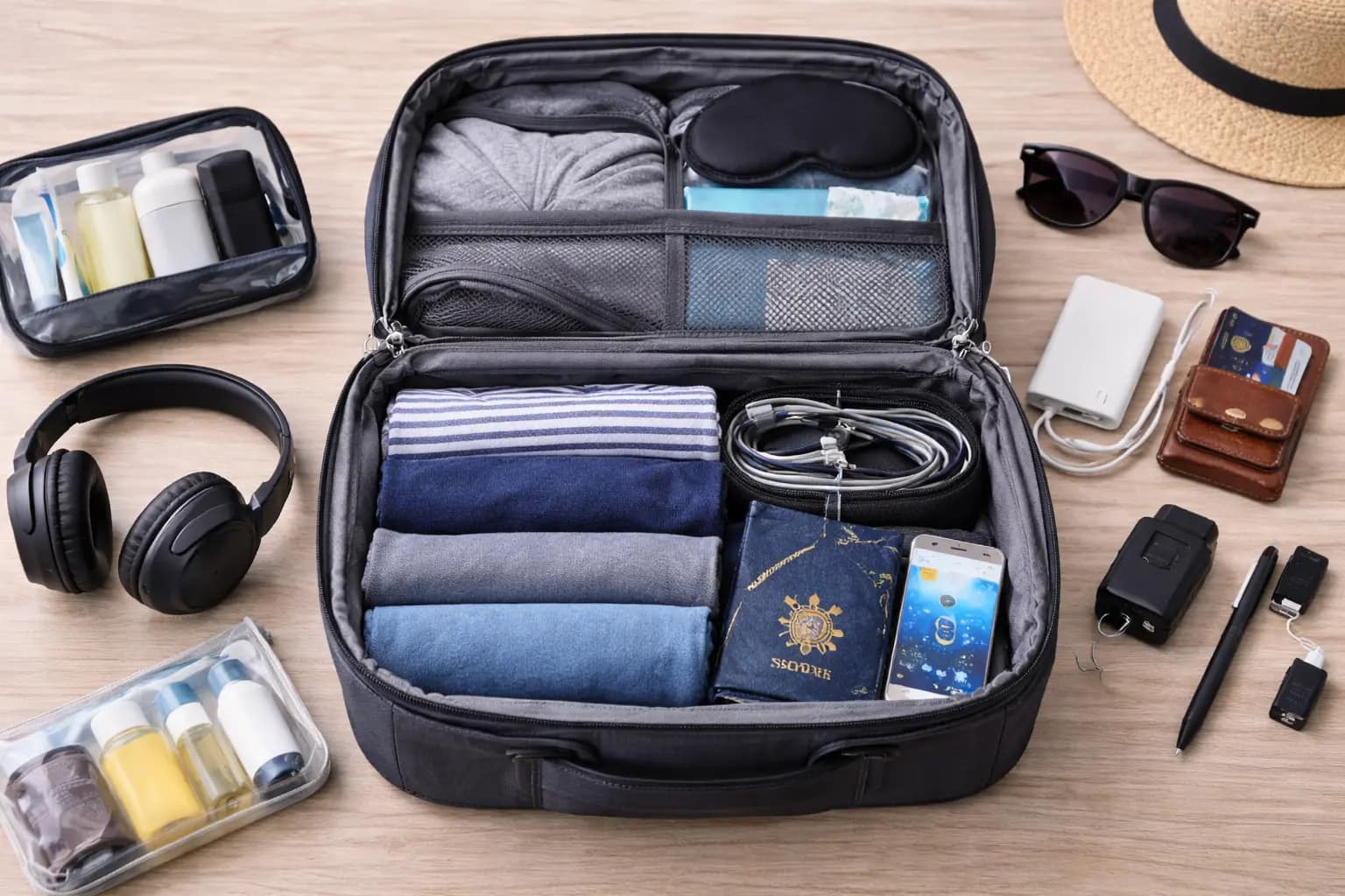 Itens essenciais para a mala de mão Mala de mão com documentos, eletrônicos, power bank e itens essenciais de viagem