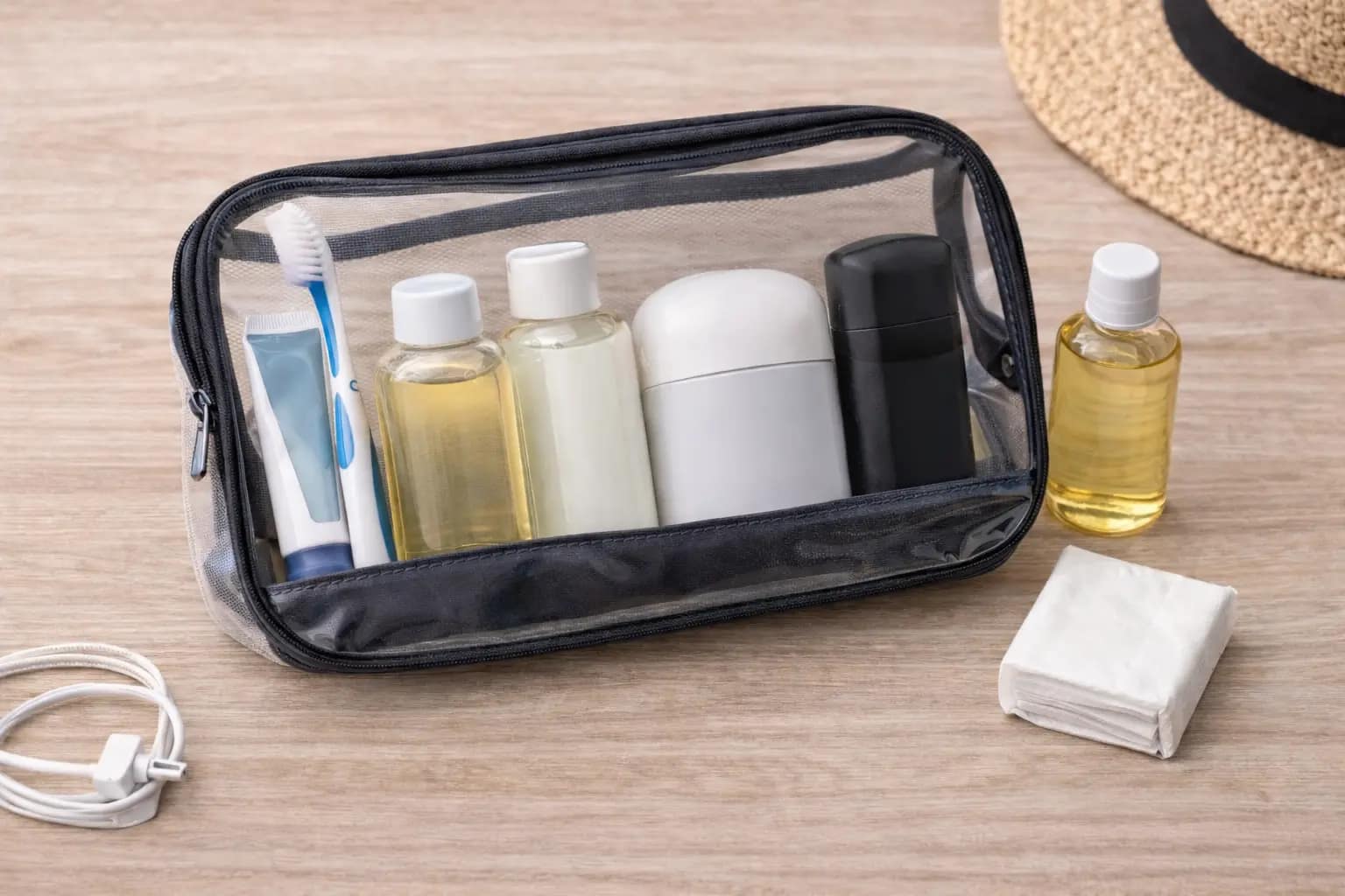 Nécessaire organizada para viagem Nécessaire de viagem com frascos pequenos e itens básicos de higiene