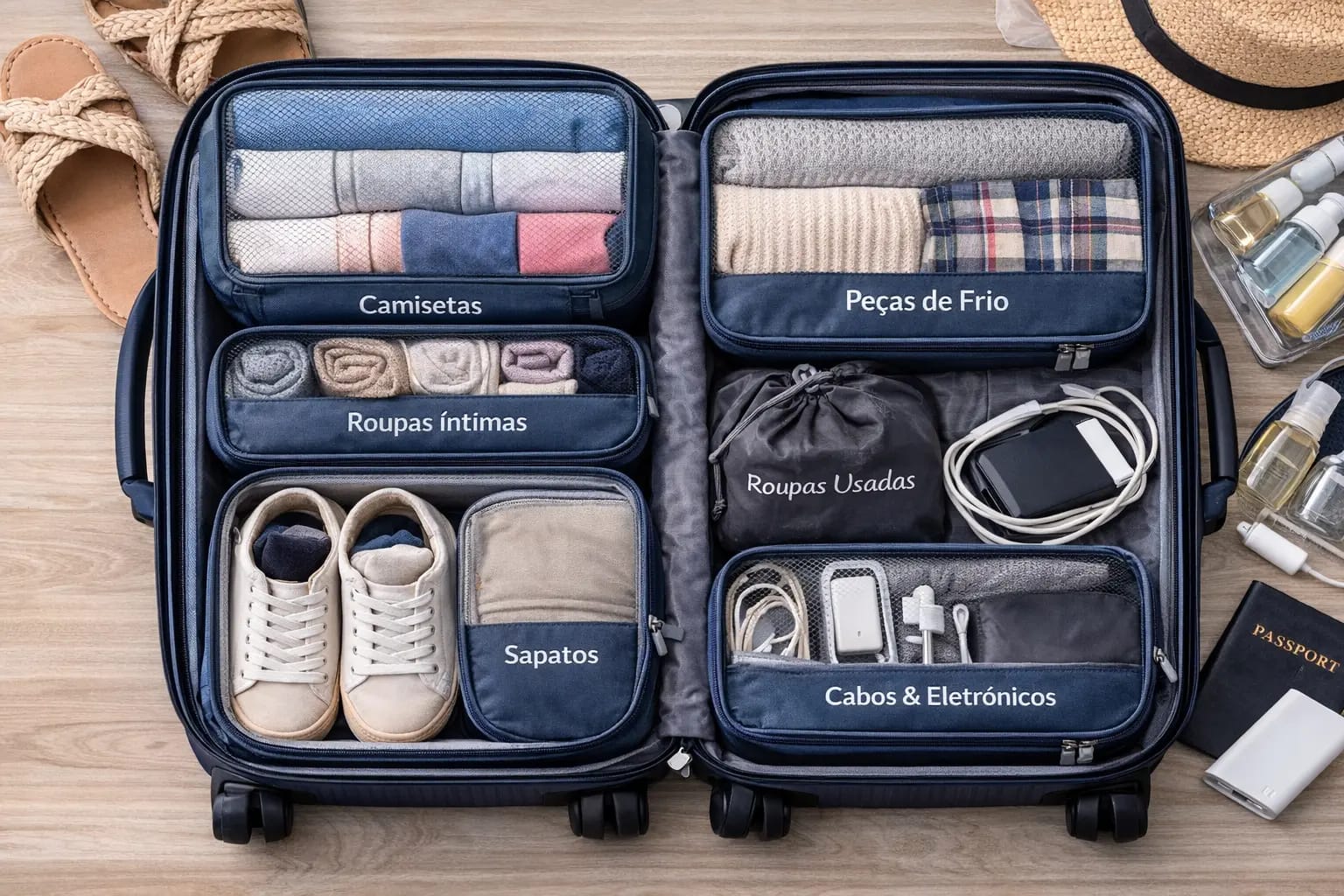 Packing cubes para organizar mala de viagem Mala organizada com packing cubes e roupas separadas por categoria