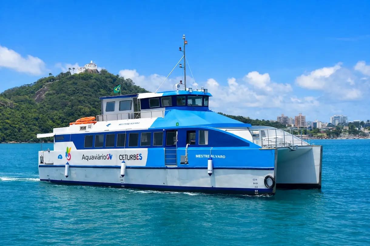 Passeio de barco na Baía de Vitória Travessia de barco entre Vitória e Vila Velha com vista da Terceira Ponte