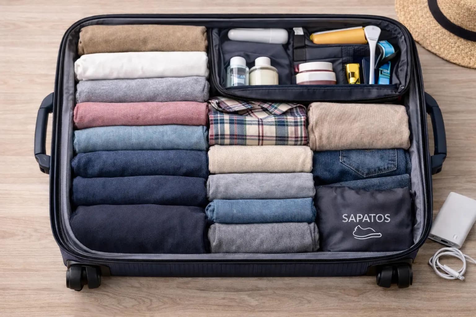 Como enrolar e dobrar roupas na mala Roupas enroladas e dobradas de forma organizada dentro da mala