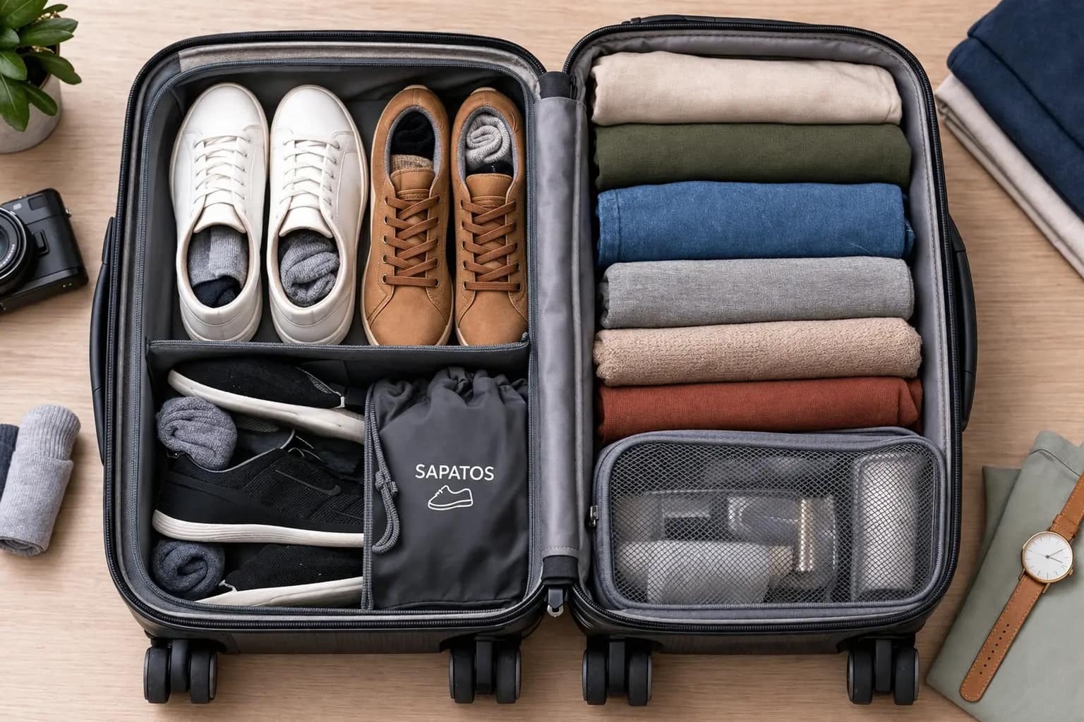 Como organizar sapatos na mala de viagem Sapatos organizados dentro da mala com meias guardadas no interior