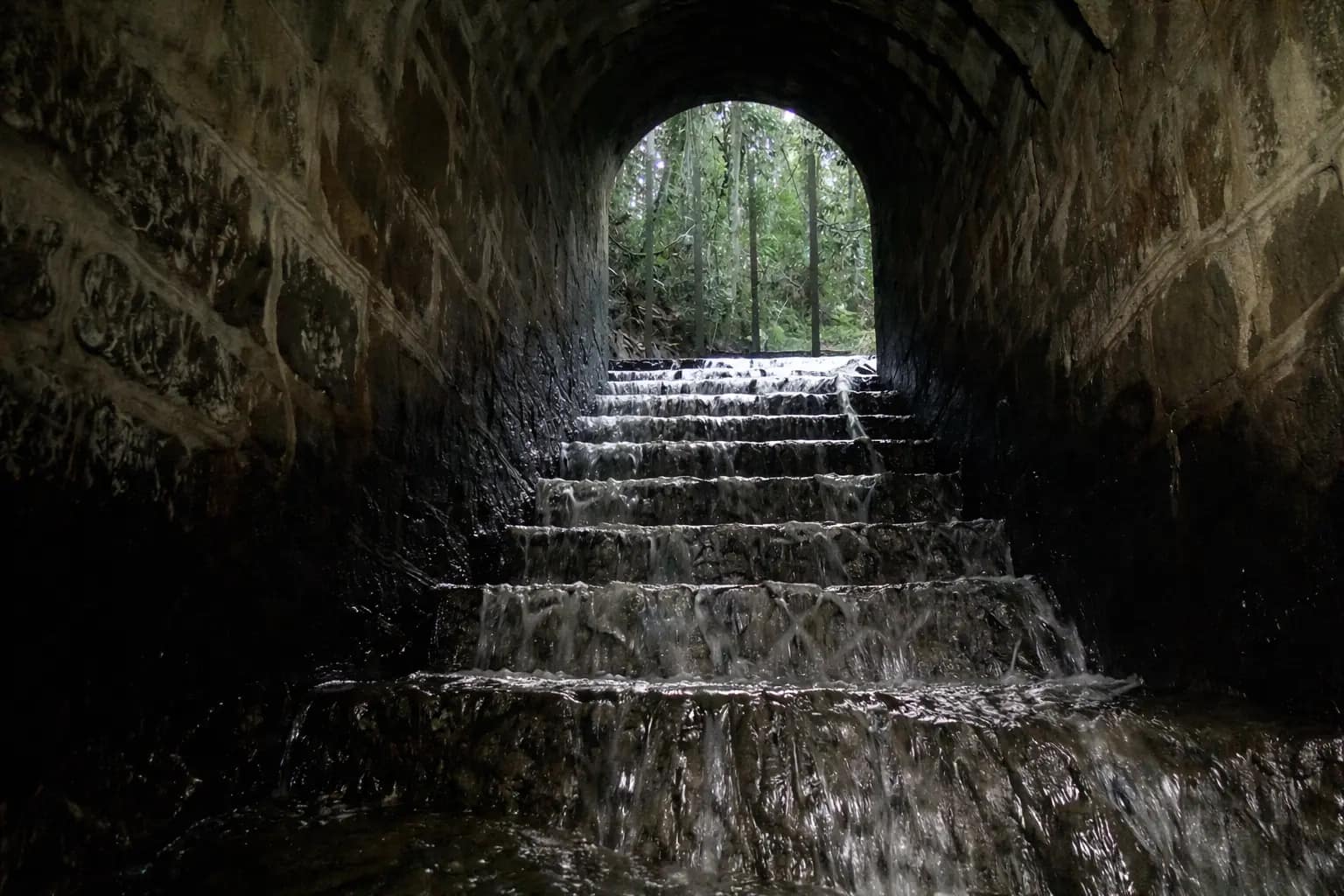 Túnel de Matilde por dentro com escadaria e água Interior do Túnel de Matilde com escadaria molhada e saída iluminada