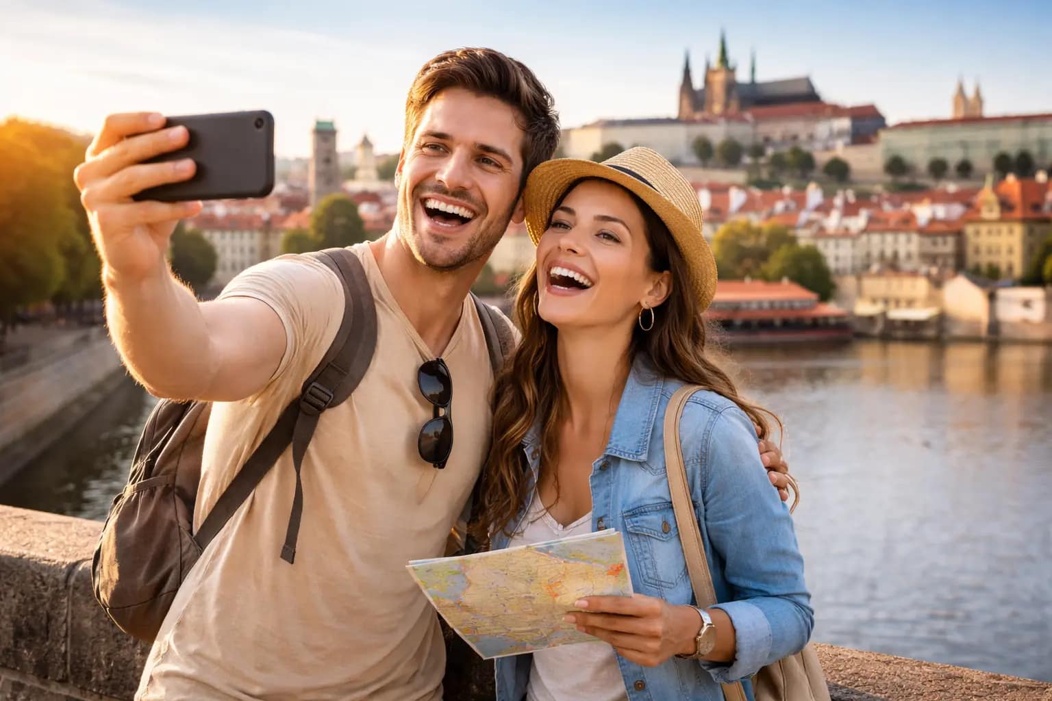 Viajar barato pela Europa é possível Casal viajando feliz pela Europa economizando